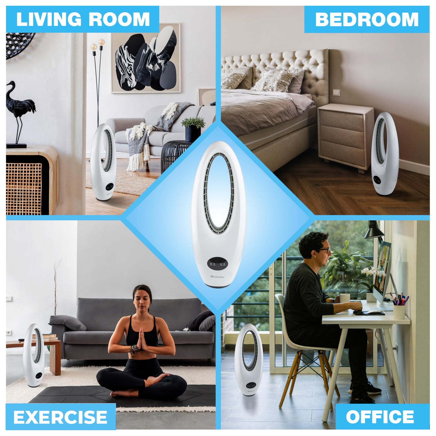 Comfort Zone 28-Inch Oscillating Bladeless Tower Fan with Remote Control, 3 Speeds, 70° Oscillation, Portable Tower Fan with 9-Hour Timer & LED