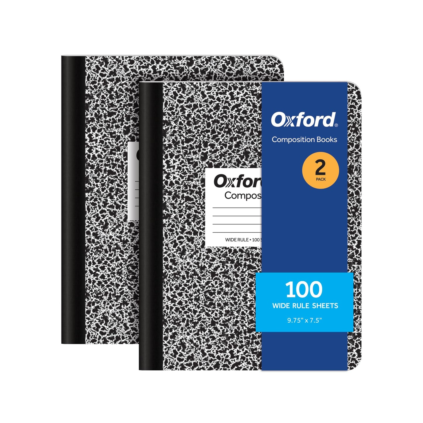 Oxford Composition Notebooks, 9-3/4 x 7-1/2 Inch School Journals, Wide Ruled Paper, Black Marble Covers, 100 Sheets per Book, 2 Pack (1002516)