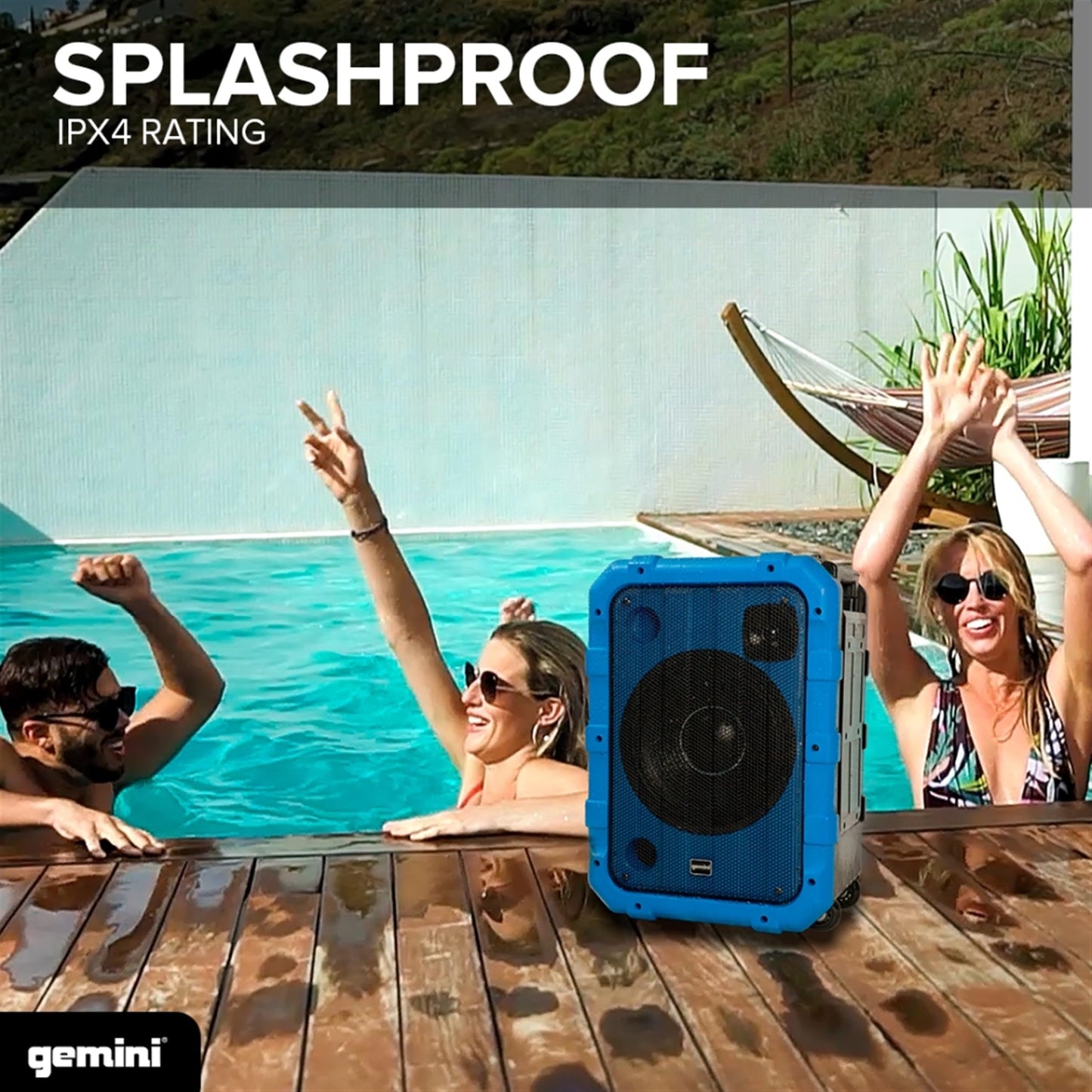 Gemini Portable Bluetooth Speaker with Wheels Party Speaker, IPX4 Water Resistant, LED Light Show, Dual Mic Inputs, Rechargeable Battery, Trolley