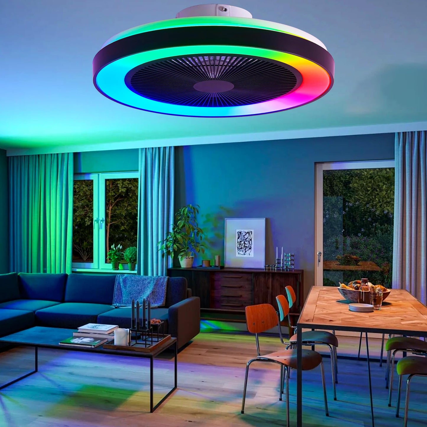 Smart Ceiling Fans with RGB Lights Remote - 20'' Flush Mount Low Profile Modern Ceiling Fans for Bedroom - Stepless Color Temperature and 6 Speeds