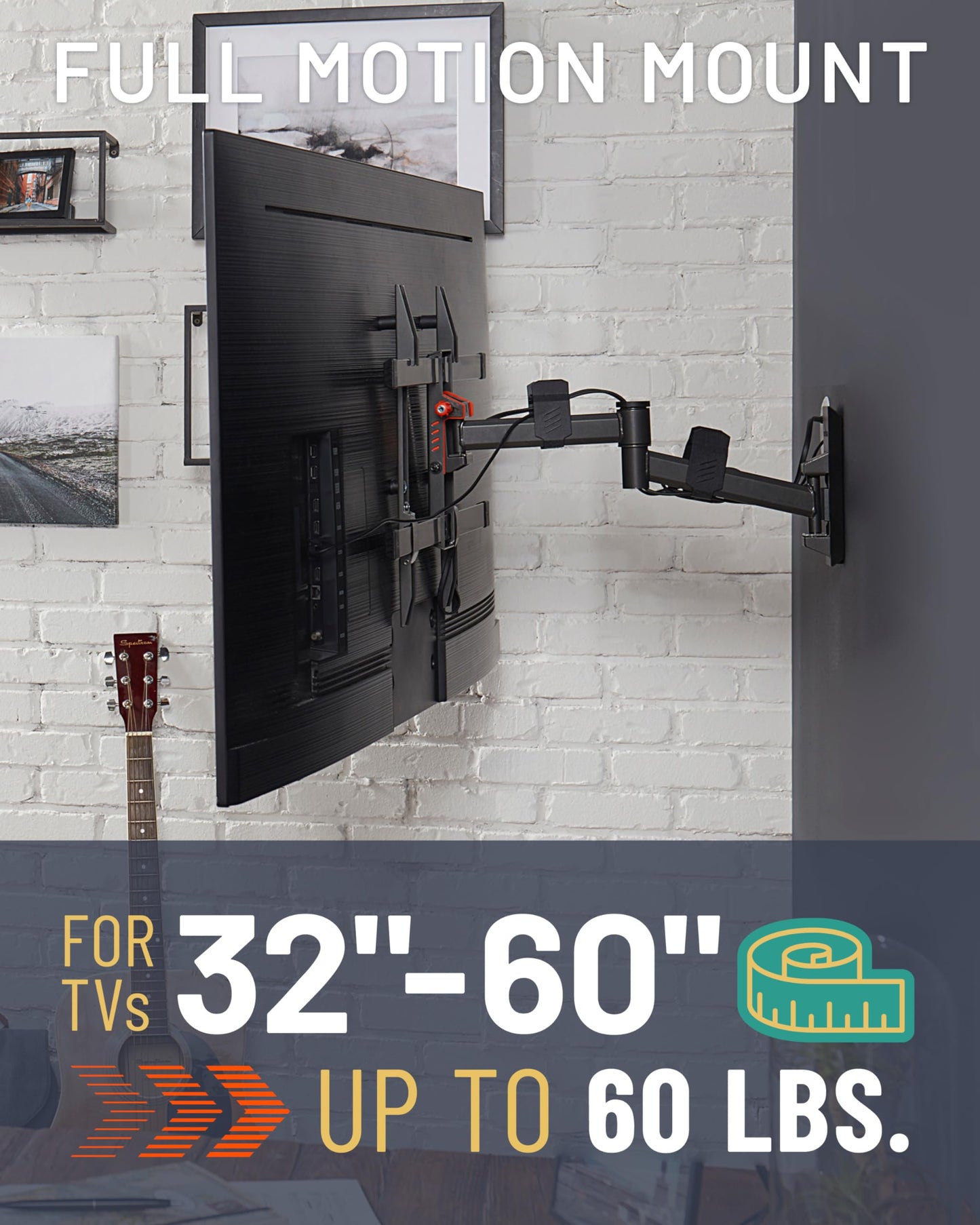 ECHOGEAR SwiftStud Swivel Full Motion TV Wall Mount for TVs Up to 60" - Smooth Extention, Tilt - Wall Template for Easy Install On 1 Stud - Level