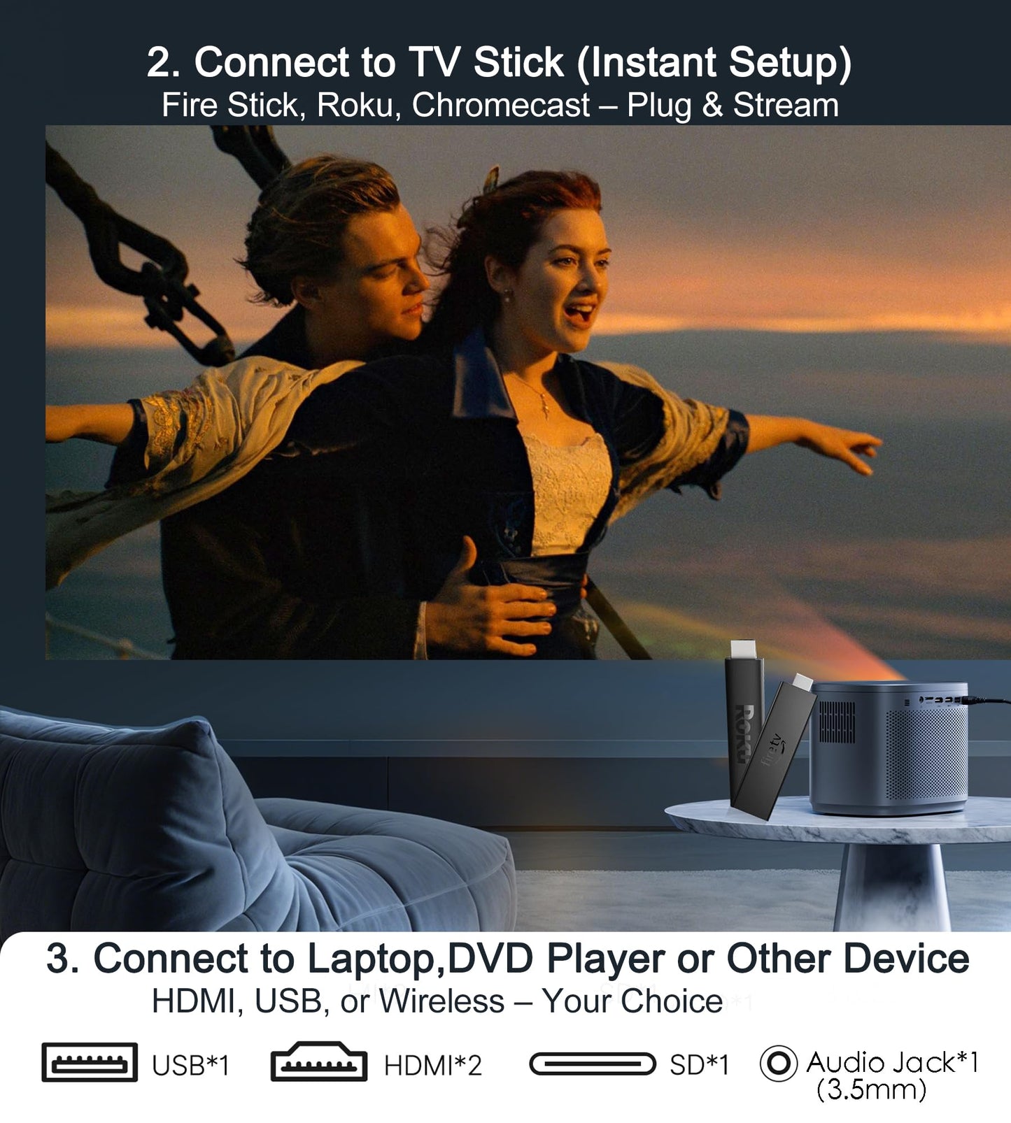 Miroir Mini Projector, Home HD Projector with Built-in Speaker, Auto Focus, Keystone Correction, Portable for Outdoor Movies, Compatible