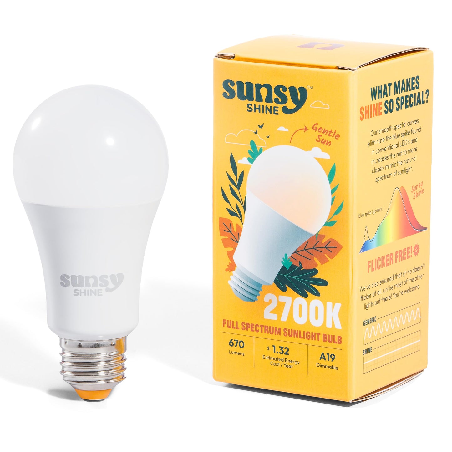 sunsy Shine A19 Full-Spectrum LED, 2700K Soft White, CRI 97, Flicker-Free