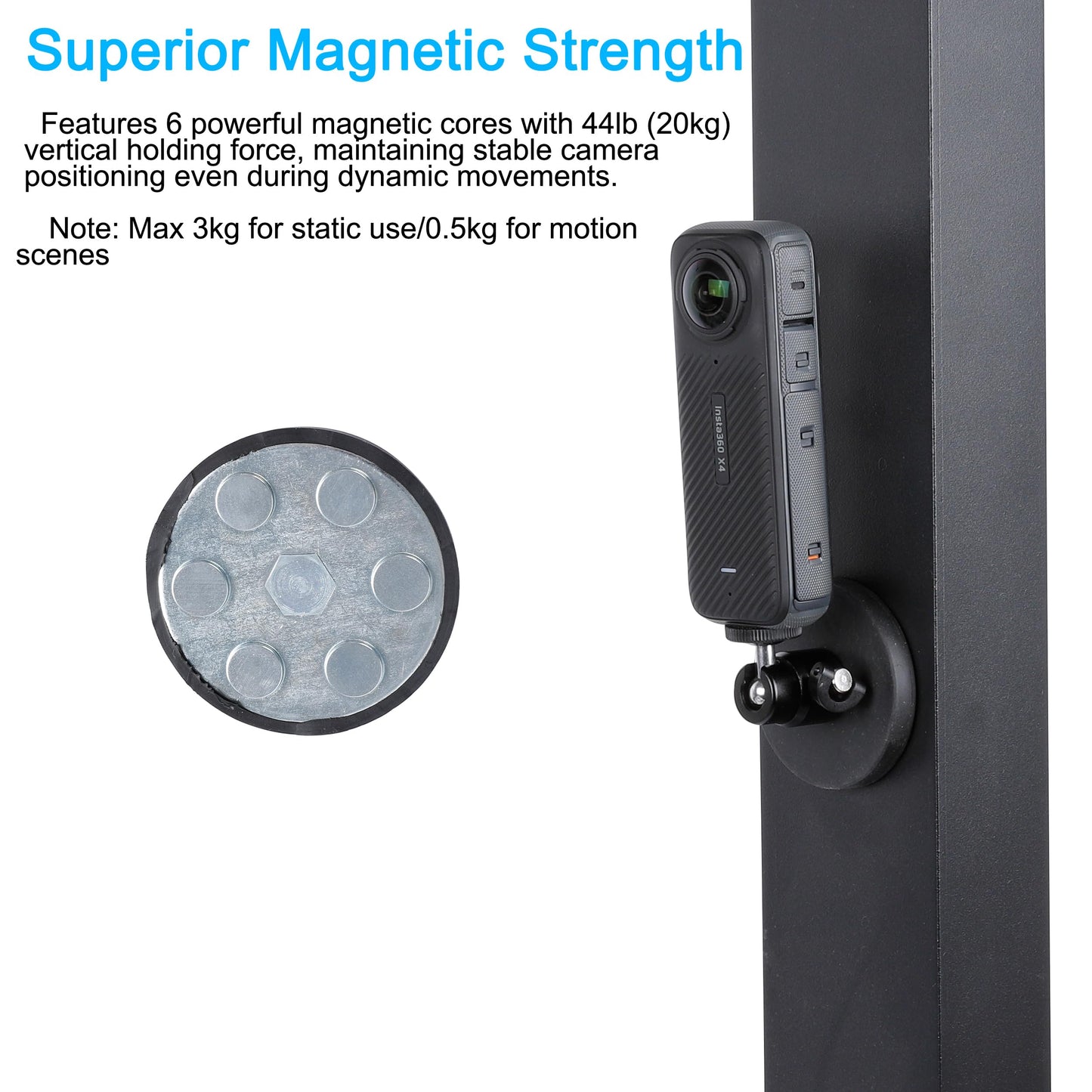 PellKing Magnetic Camera Mount for Insta360 X5 X4 X3-360° Adjustable Ball Head -Compatible with All Action Cameras on Cars, Boats, Metal Surfaces
