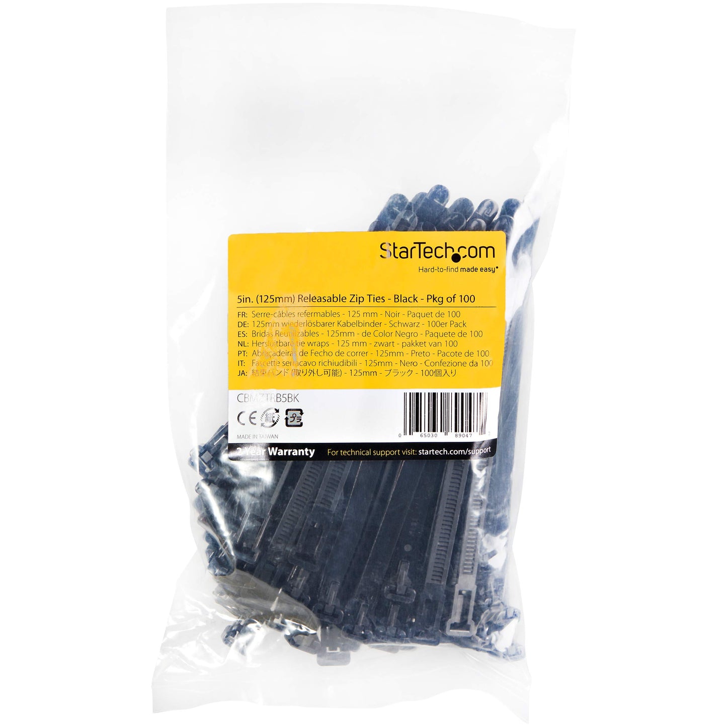 StarTech.com 5"(12cm) Reusable Cable Ties - 1/4"(7mm) Wide, 1-1/8"(30mm) Bundle Dia. 50lb(22kg) Tensile Strength, Releasable Nylon Ties