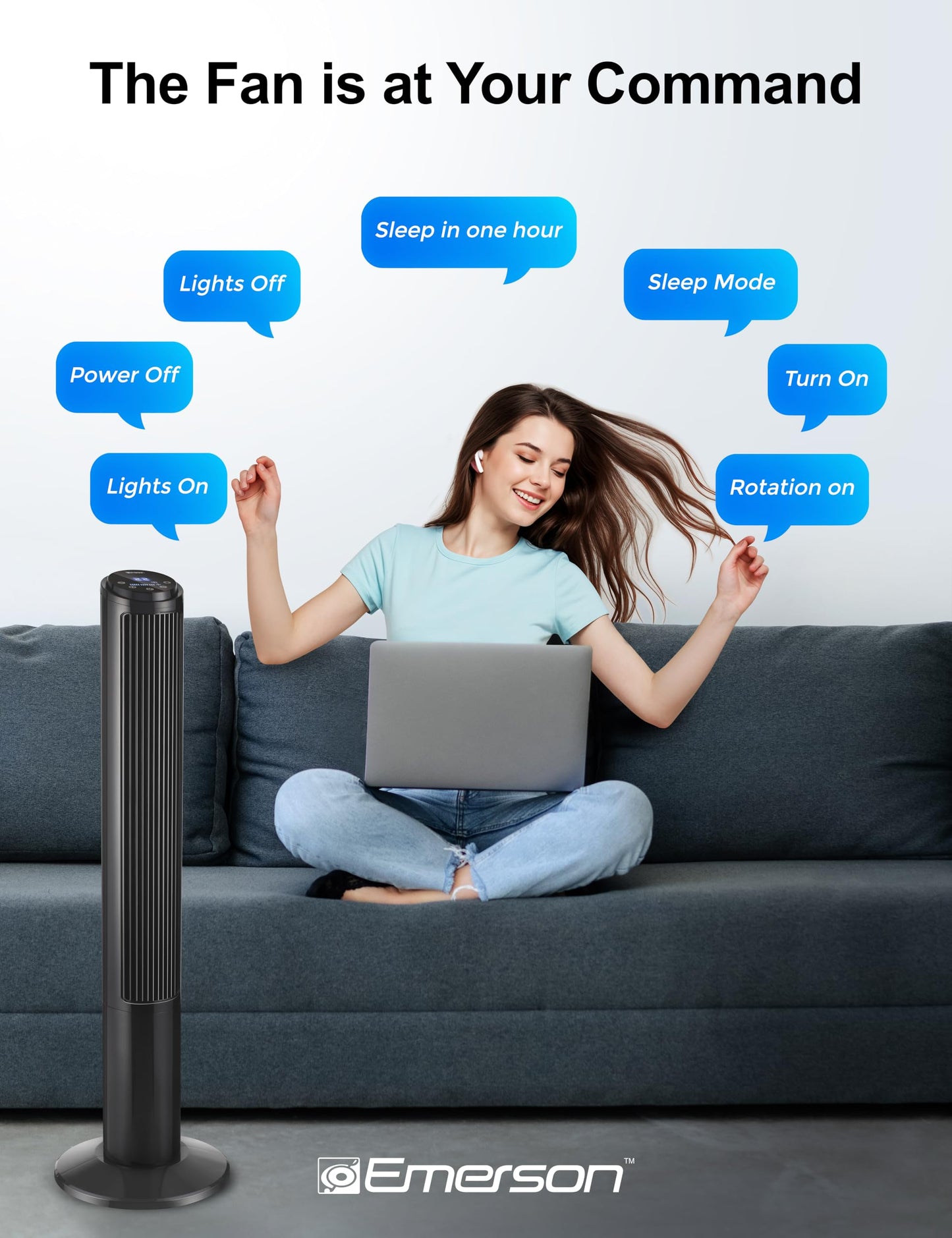 Emerson SmartVoice 40” Tower Fan, Wi-Fi-free Voice Control Fan, Hands-Free Cooling, No WiFi, No App, 70° Oscillation, 3 Speeds, 15-Hr Timer, Sleep