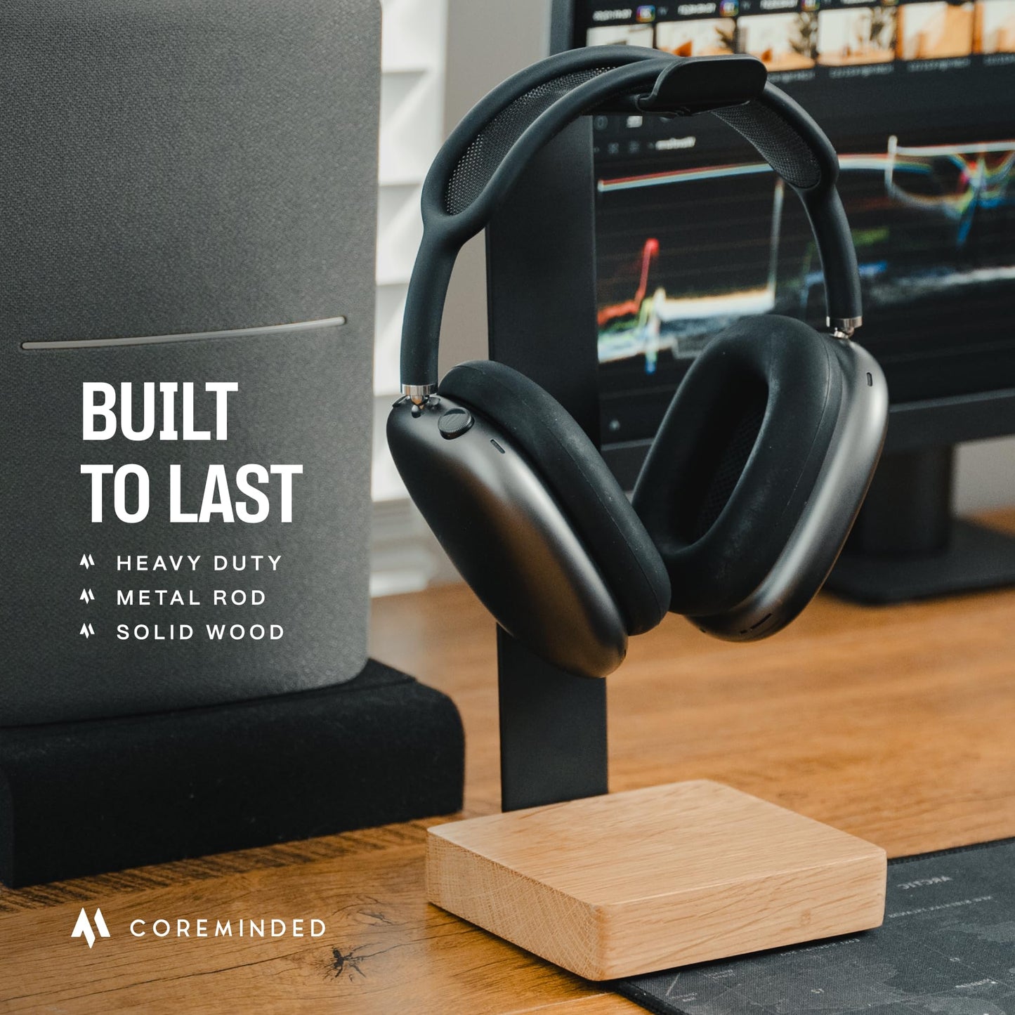 COREMINDED Universal Headphone Stand for Desk, Solid Wood Gaming Headset Stand, Heavy Duty Wooden Headphones Holder, Compatible with Airpods Max…