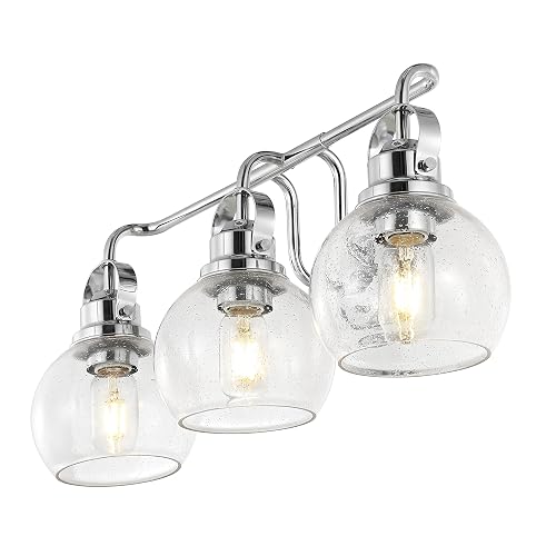 JONATHAN Y 24" Chrome Shirley 3-Light Bathroom Vanity Light, Metal Wall Sconce, Clear Seeded Glass Shade, Modern Transitional Farmhouse Fixture, LED