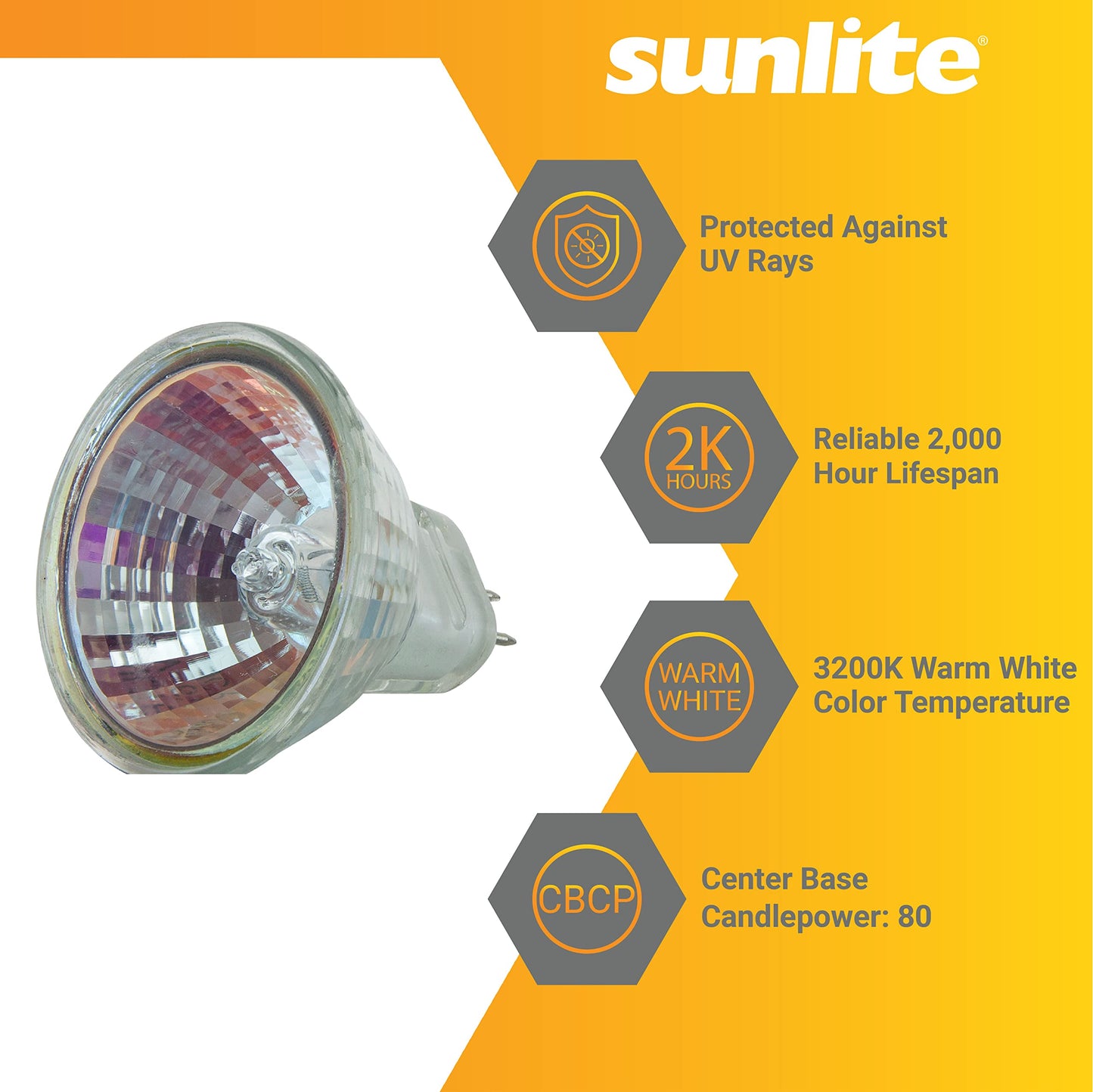 Sunlite 03455 MR11 Halogen Reflector Bulb, 10 Watt, 30° Narrow Flood, 6 Volt, 90 Lumens, 2000 Hour Life Span, Dimmable, GU4 Base, Cover Guard, 3200