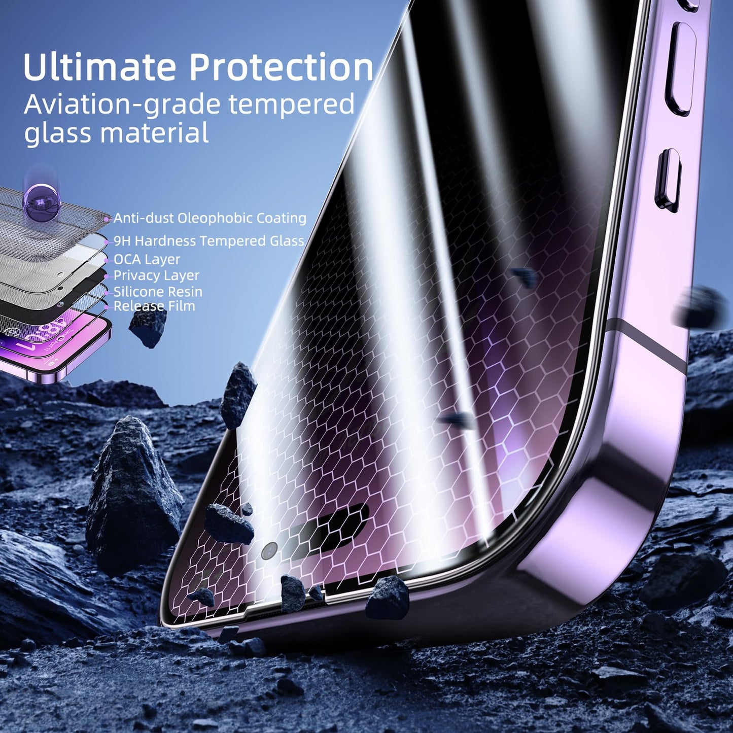 Ruwa Privacy Screen Protector for iPhone 14 Pro Max [3-Pack] [6.7 Inch] Display Tempered Glass Film with Easy Installation Alignment Frame, 9H