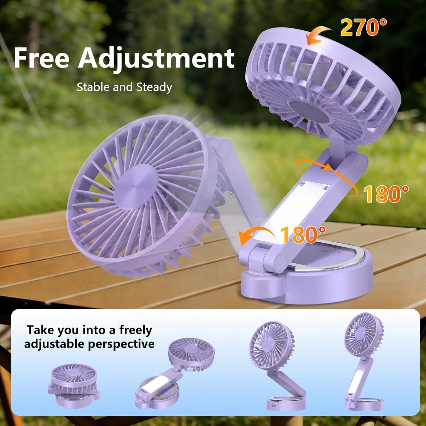 Foldable Magnetic Phone Fan with LED Light & Stand Desk Easy Storage Purple