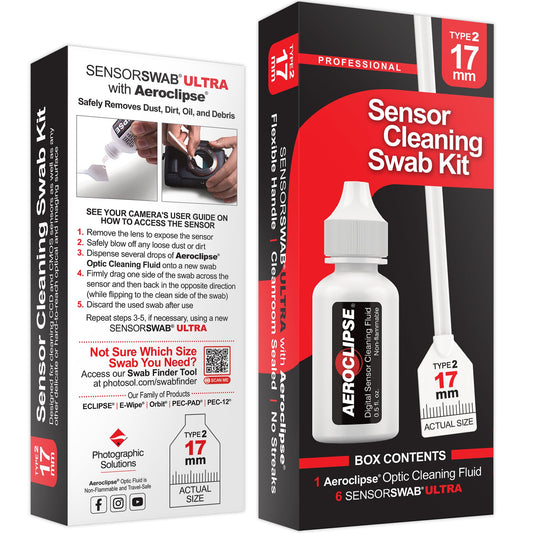 Sensor Cleaning Swab Kit - Aeroclipse Non-Flammable Optic Cleaning Solution (0.5oz/15ml) + Type-2 Sensor Swab Ultra 17mm (Pack of 6) - for APS-C CMOS