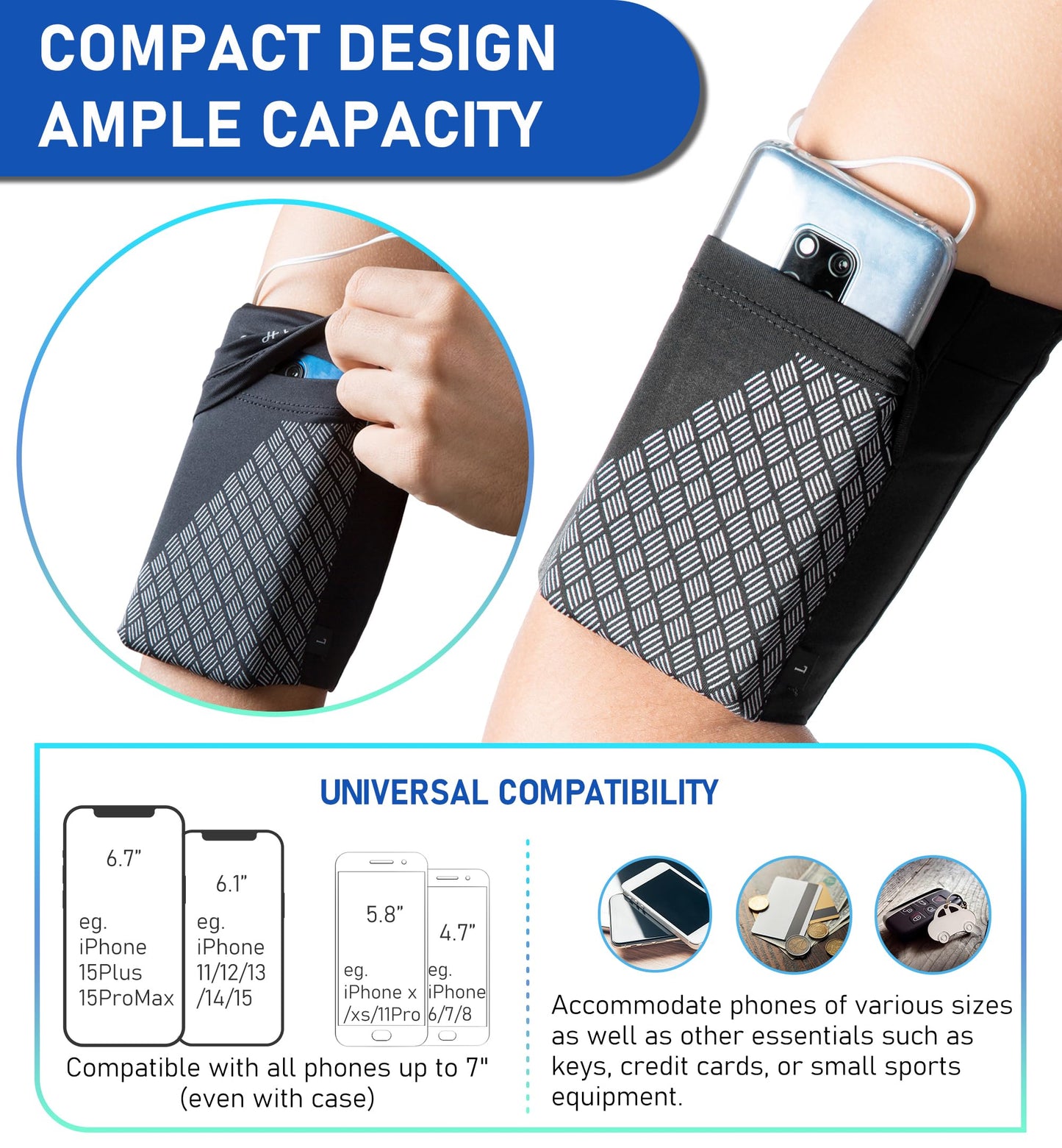 HiRui Universal Sports Armband Cell Phone Armband Sleeves Running Armband for Exercise Workout, Compatible with iPhone 17/17Plus/Pro/16/15/15Plus/14