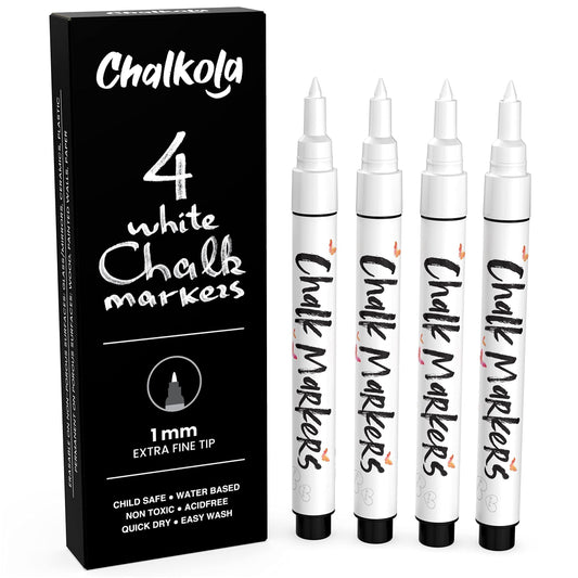 Extra Fine Tip White Chalk Markers (4 Pack 1mm Point) Chalk Pens - White Dry Erase Marker Pen for Blackboard, Chalkboards, Windows, Glass, Bistro
