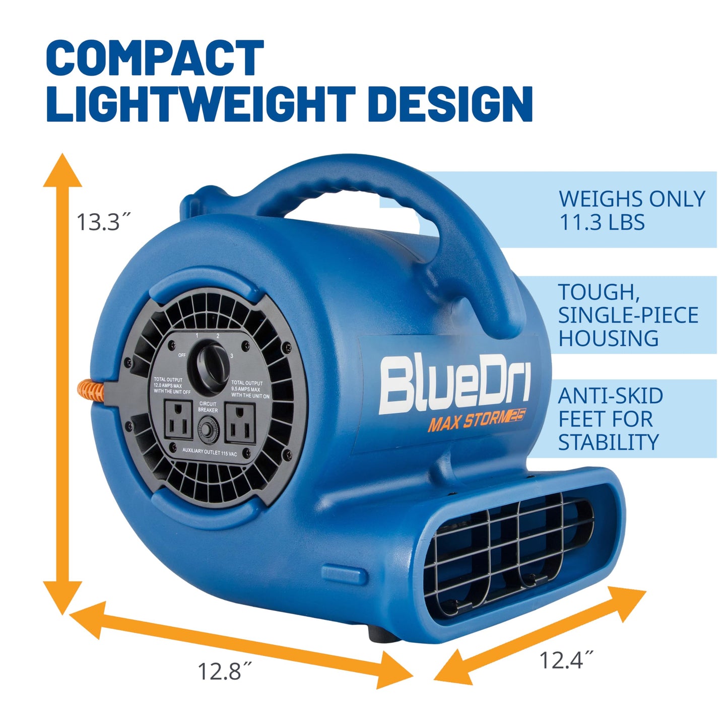 BlueDri Max Storm 25 1/4 HP, 900 CFM Air Mover Blower Fan for Water Damage Restoration Carpet Dryer Floor Home and Plumbing Use, Blue, BD-MS25, Large