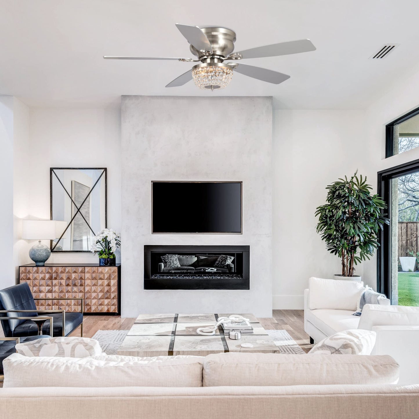 48 Inch Ceiling Fan with Light and Remote, Flush Mount Crystal Ceiling Fan