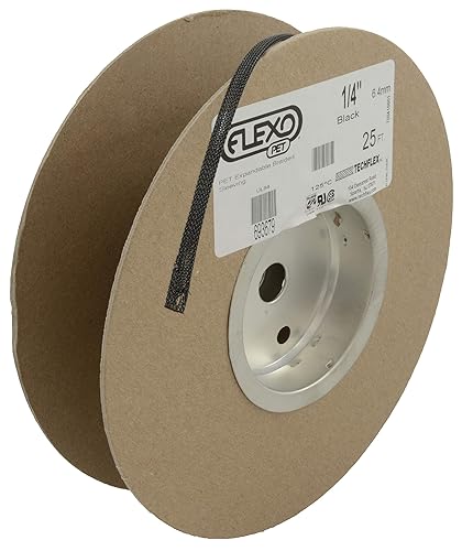 Techflex PTN0.25BK25 Flexo PET Braided Sleeve, 1/4" x 25' L, Black
