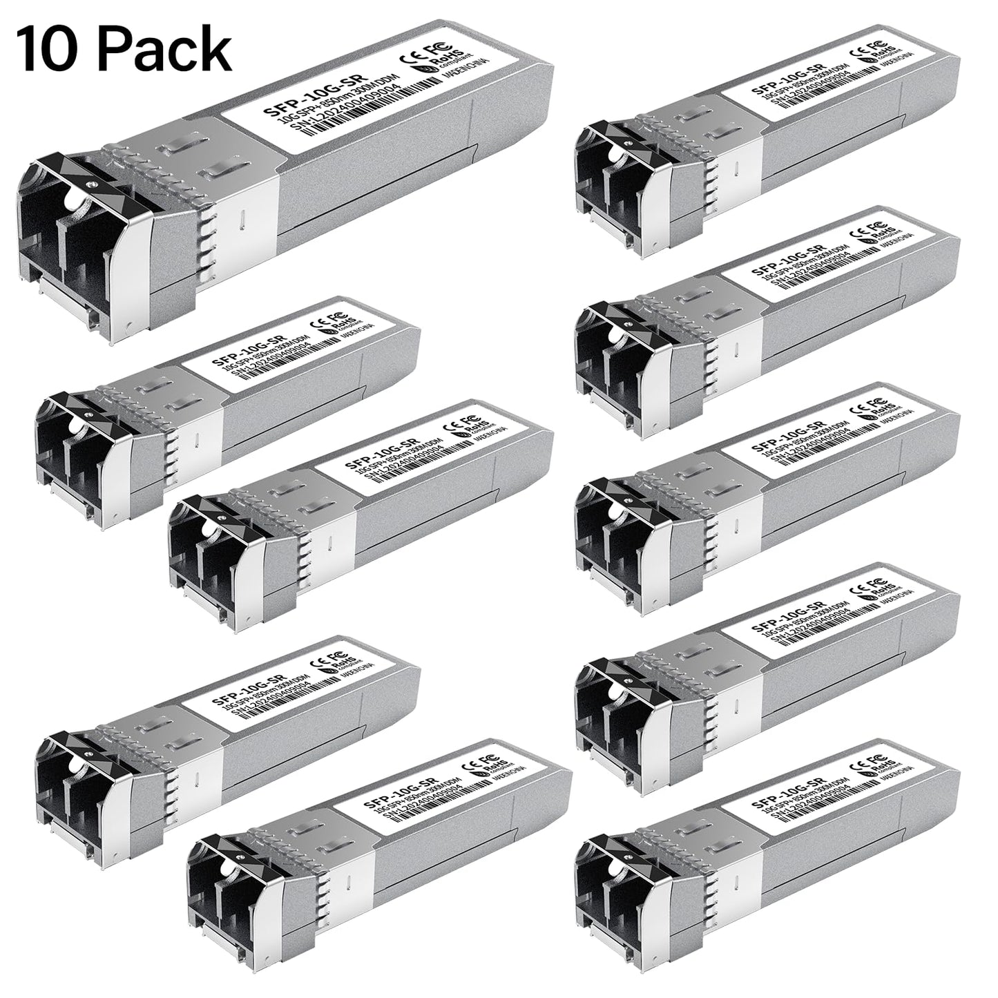 10Pack 10GBase-SR SFP+ Module, Multi-Mode LC Ethernet Transceiver, 10G 850nm MMF up to 400m, Compatible with Cisco SFP-10G-SR, Meraki, Ubiquiti