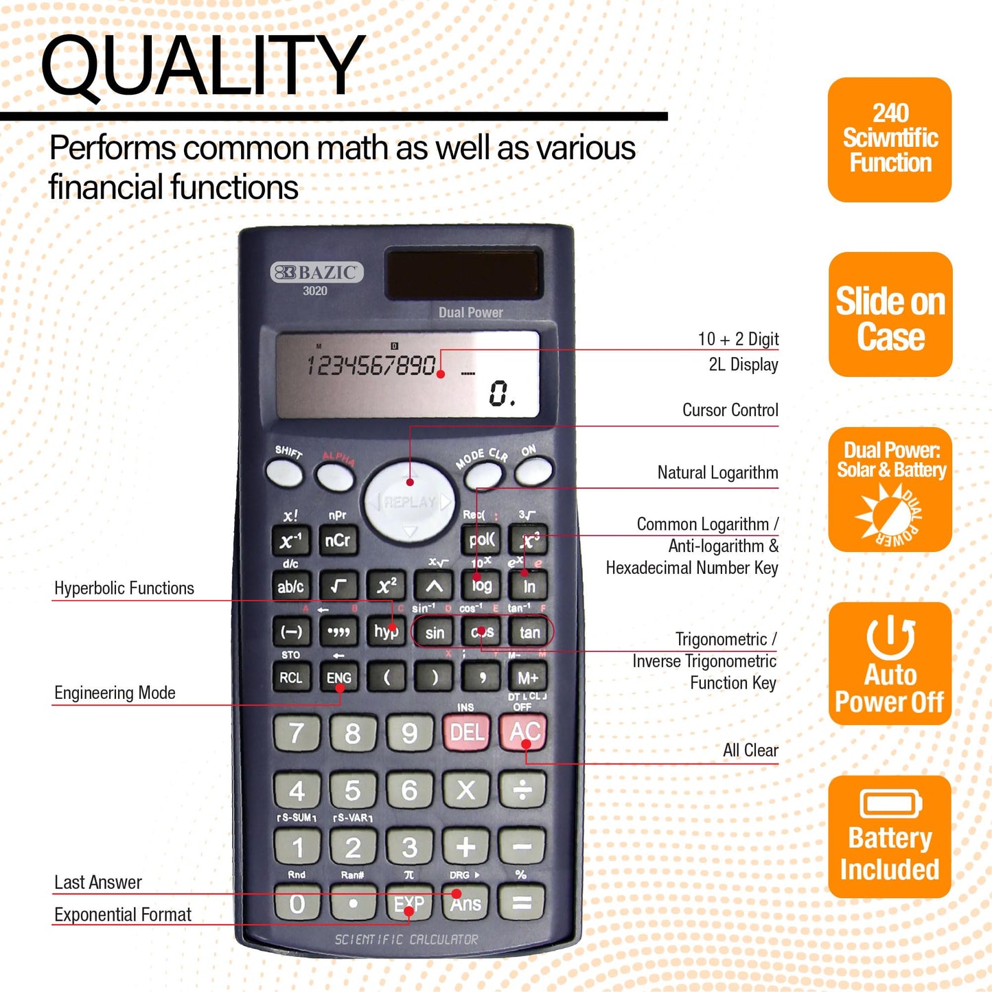 BAZIC 240 Function Scientific Calculator w/Slide-On Case