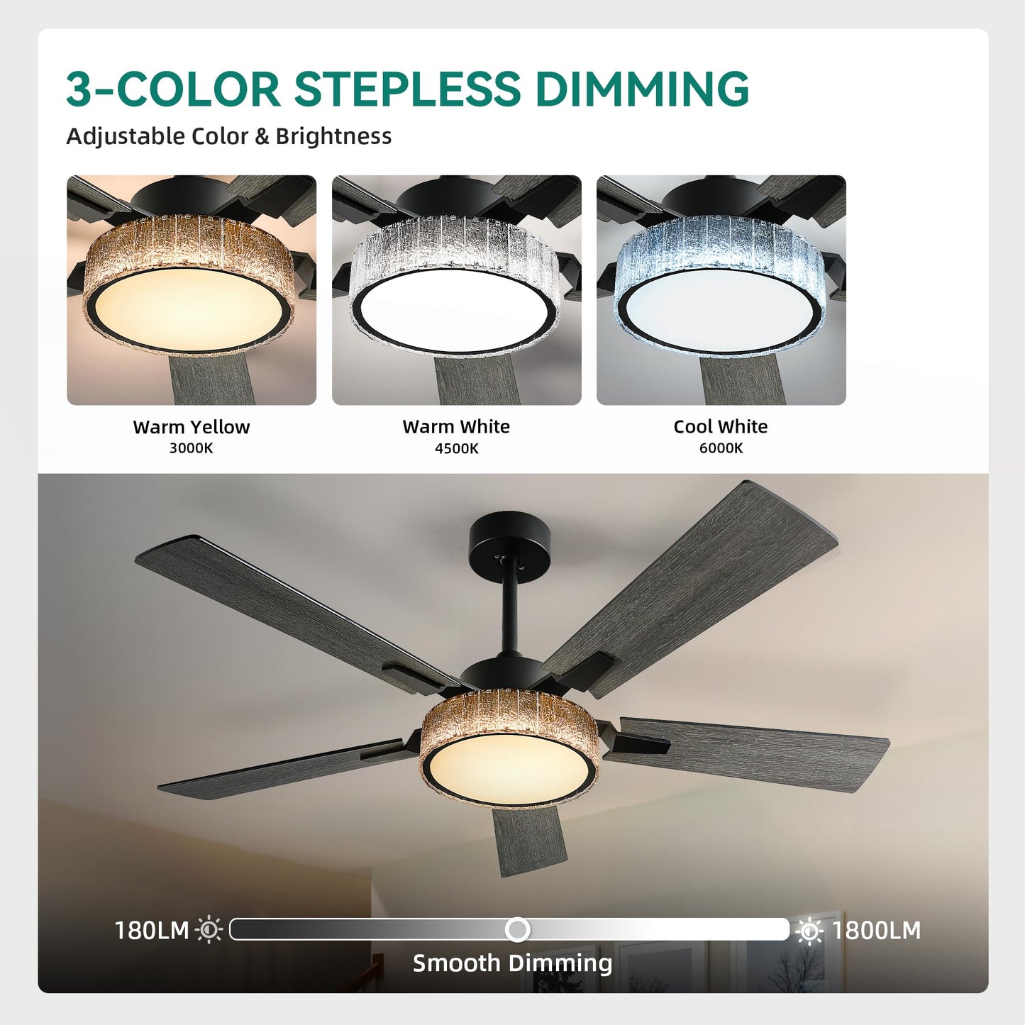 YITAHOME 52 Inch Black Chandelier Ceiling Fan with Lights