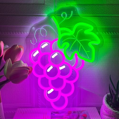 Grapes Neon Sign for Wall Decor, Dimmable Purple Grape Fruit Neon Lights, Vibrant Fruit Themed Neon LED Signs for Kids Room, Bedroom, Restaurant, Bar