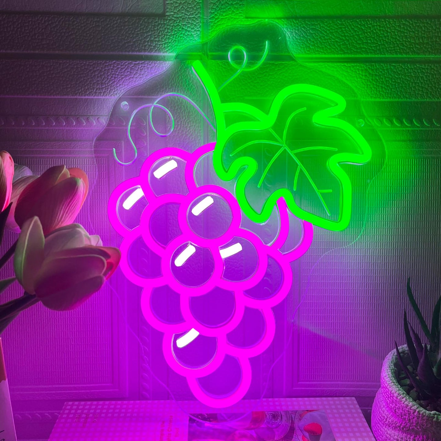 Grapes Neon Sign for Wall Decor, Dimmable Purple Grape Fruit Neon Lights, Vibrant Fruit Themed Neon LED Signs for Kids Room, Bedroom, Restaurant, Bar