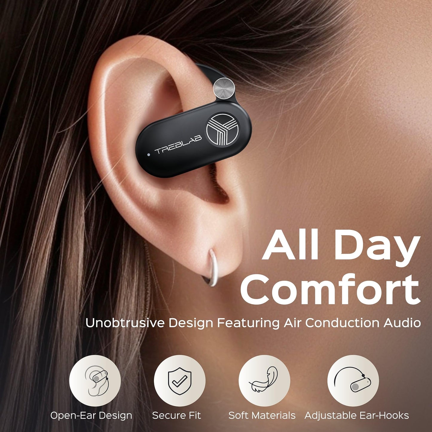 TREBLAB X-Open - True Open Ear Wireless Earbuds, Lightweight Comfort, Behind-Ear Fit, Immersive Sound, Dual Mic for Calls, 40H Playtime (Renewed)