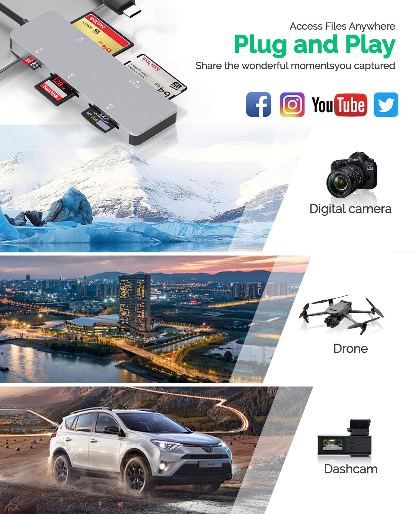 CFast 2.0 Card Reader, 5-in-1 USB A & USB C CFast Card Reader/SD/Micro SD/XD/CF Card Reader, 5Gbps Multi Memory Card Adapter Simultaneous Read