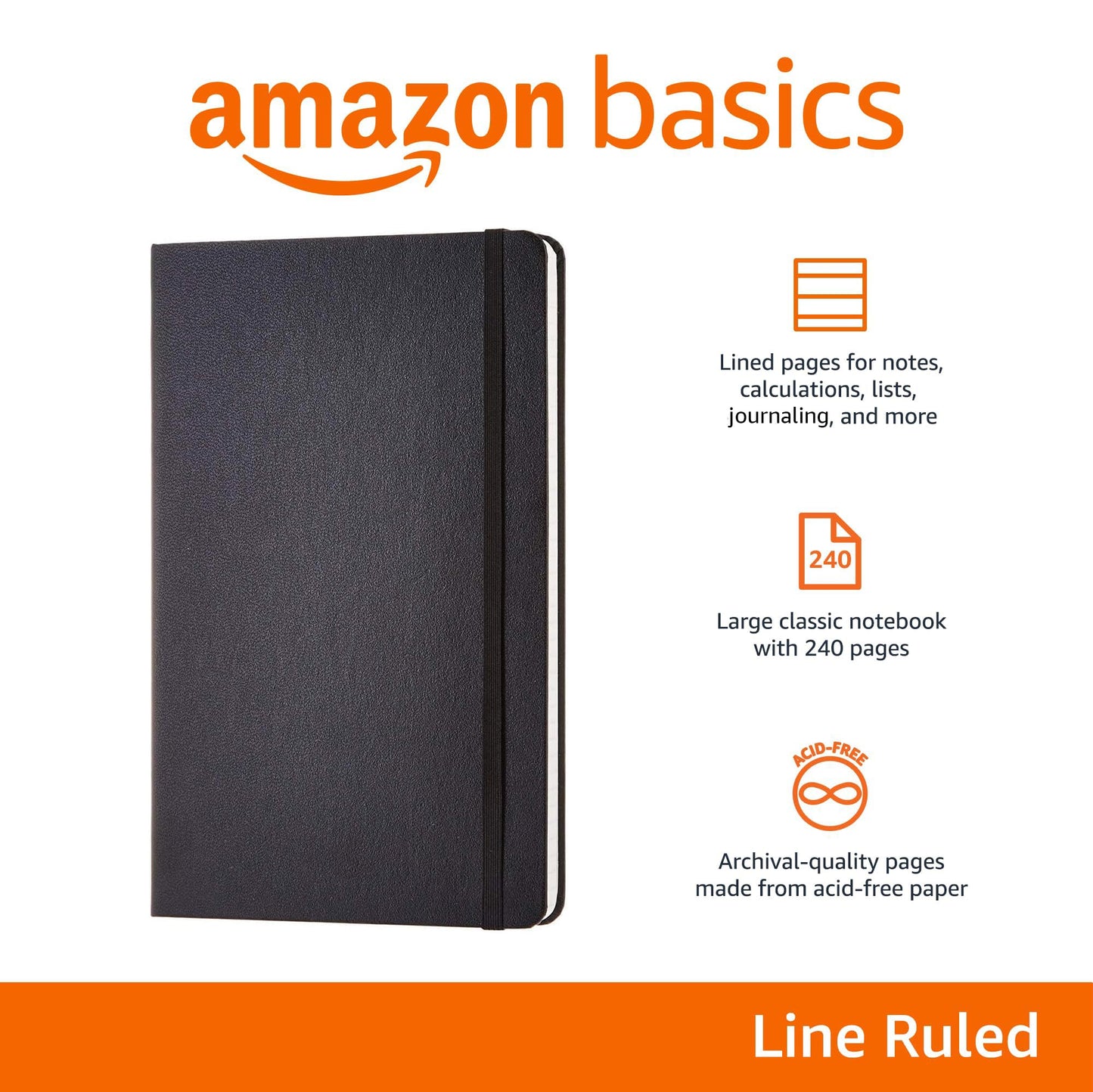 Amazon Basics Classic Lined Writing Notebook for Note Taking and Journaling, Hardcover with Elastic Closure, 240 Pages, 5" x 8.25", Black