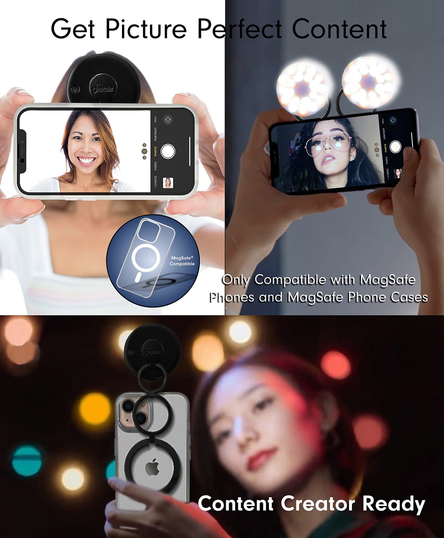 Sonix MagLink Selfie Light and Phone Ring Grip for MagSafe iPhone 17, 16, 15, 14, 13, 12 Series, Magnetic Fully Adjustable Round Ring Light