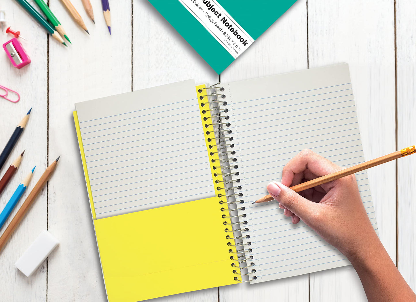 Better Office Products 3 Subject Spiral Notebooks, 9.5 x 5.5 inch, 6 Pack, 150 Sheet Notebook with 2 Double-Sided Pocket Dividers, Assorted Solid