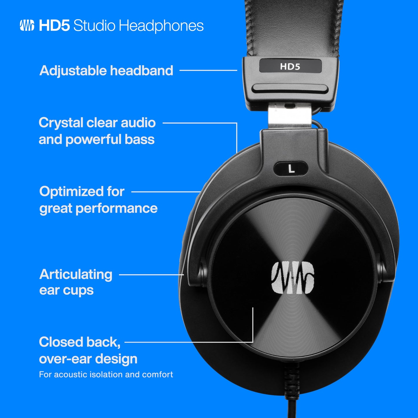 PreSonus HD5 Professional Monitoring Headphones -Wired, Closed-Back, Over-Ear Studio Recording Headphones for Professional Mixing and Monitoring