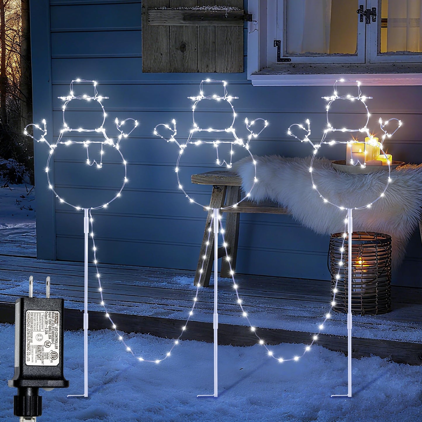 woohaha Christmas Snowman Pathway Lights,200 LED Plug in Garden Outdoor Decorations?Waterproof String Lights with 3 Snowman Stakes Light for Garden
