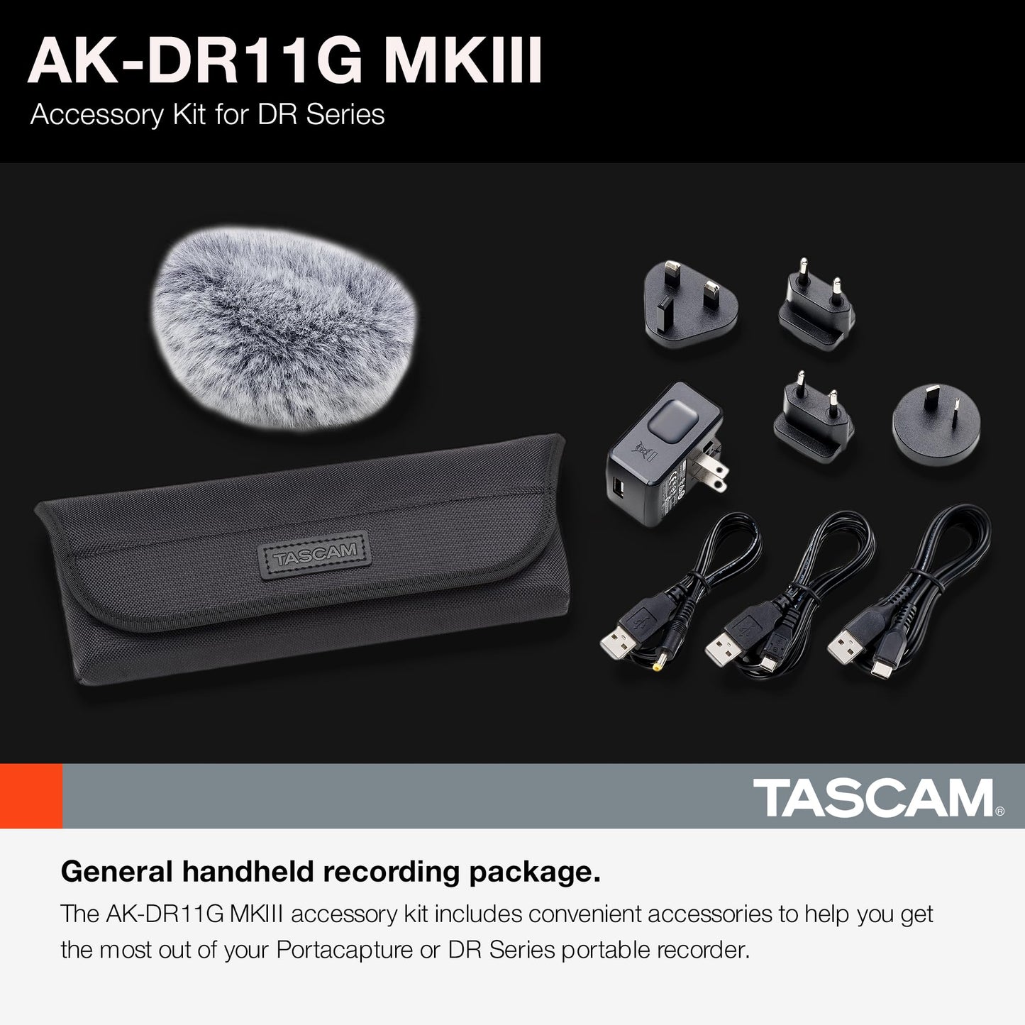 Tascam AK-DR11GMKIII Microphone Windscreen, Power Supply, Multi-Cables, Soft Bag