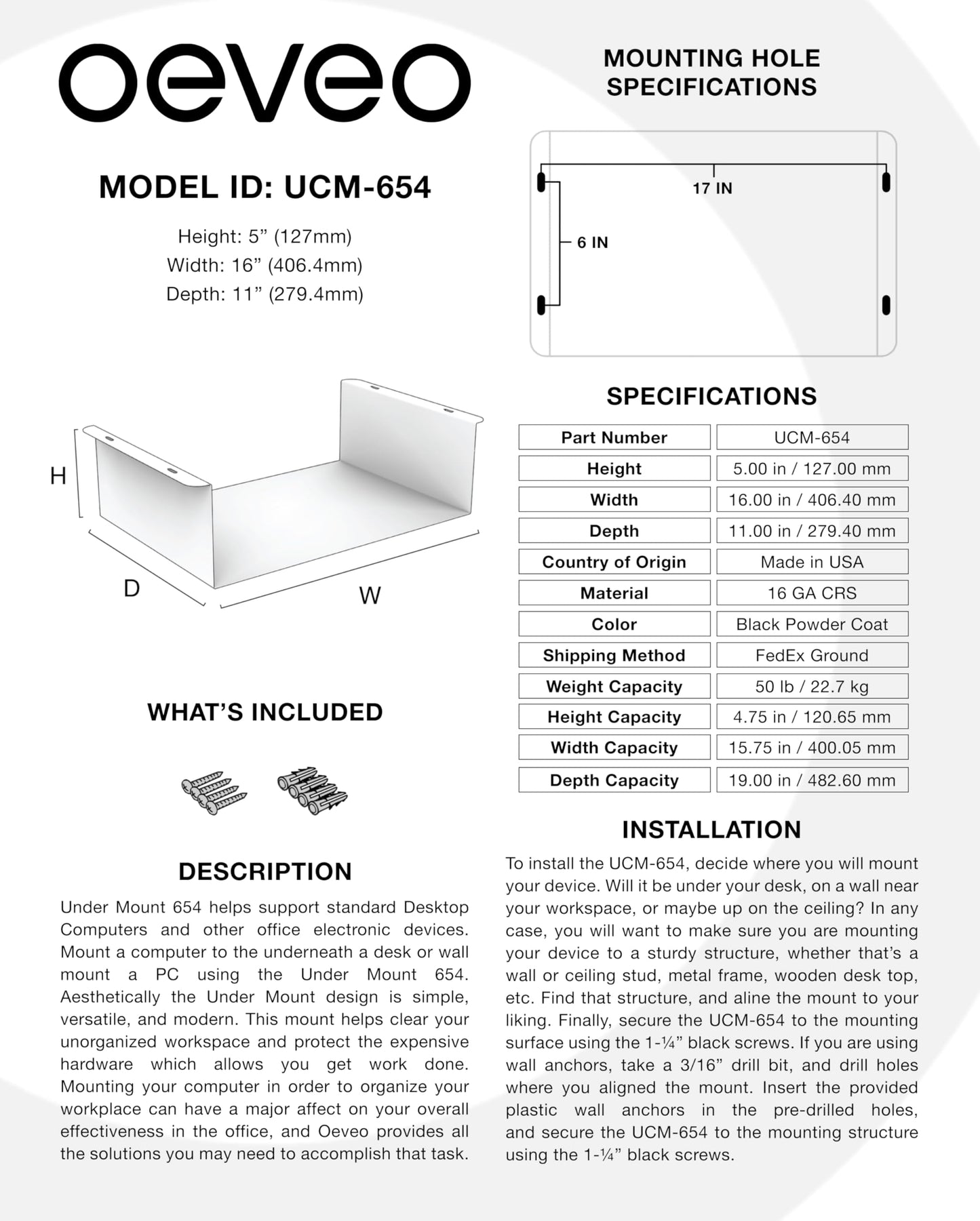 Oeveo Under Desk PC Mount UCM-654 - Made in USA, Heavy-Duty Tech Support Bracket | Desktop Computers, PC, CPU, Gaming Console Mounting Application |