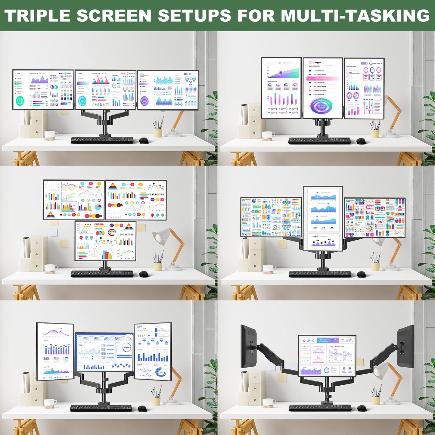 UPGRAVITY Triple Monitor Desk Mount for Three Flat/Curved Computer Screens up to 27 inch, Fully Adjustable Gas Spring Triple Monitor Arms Hold up