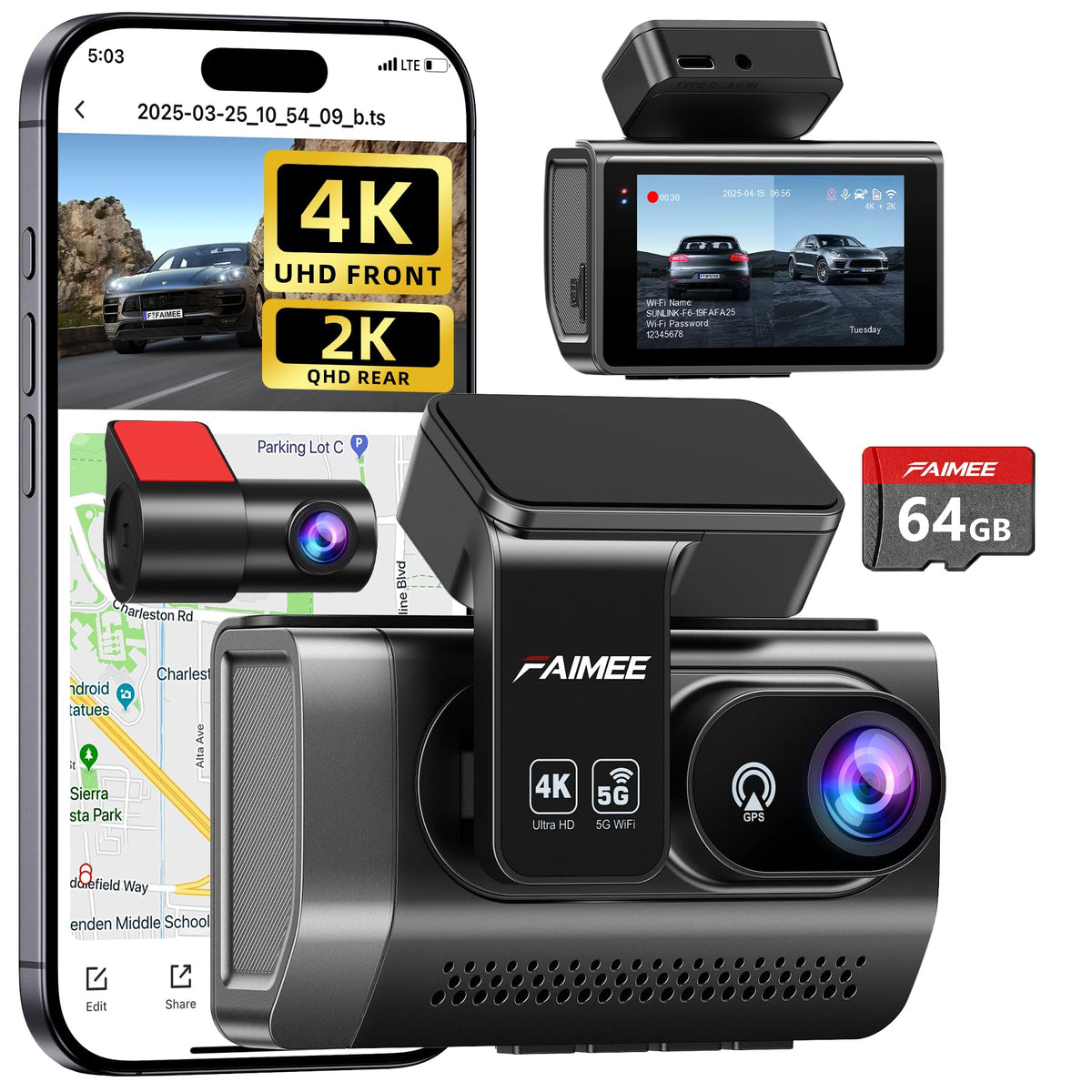 FAIMEE 4K Dash Cam Front and Rear, Night Vision, WDR, Free Card Included