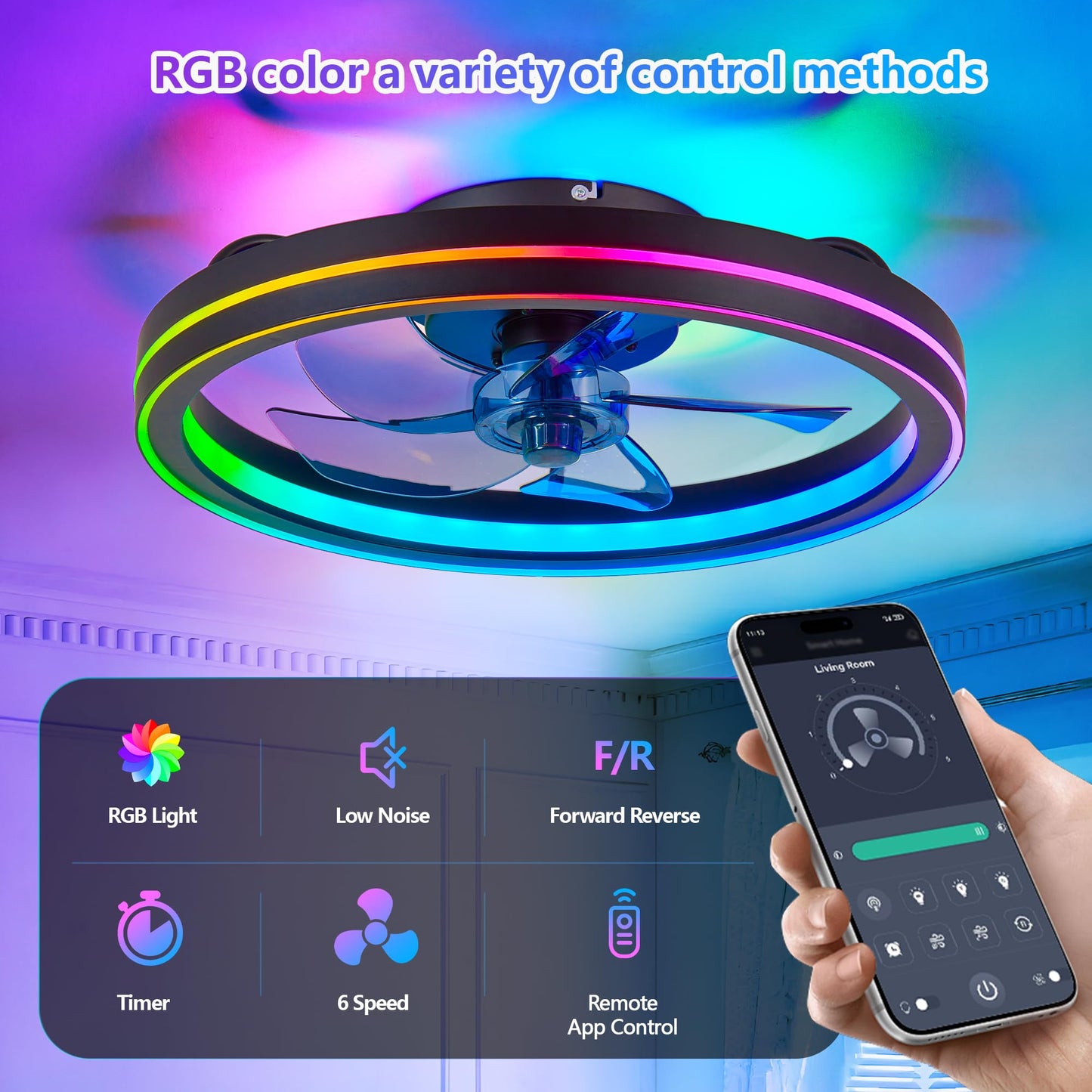 Ouimico RGB Ceiling Fan with Light and Remote, 19" Smart Ceiling Fan, Black
