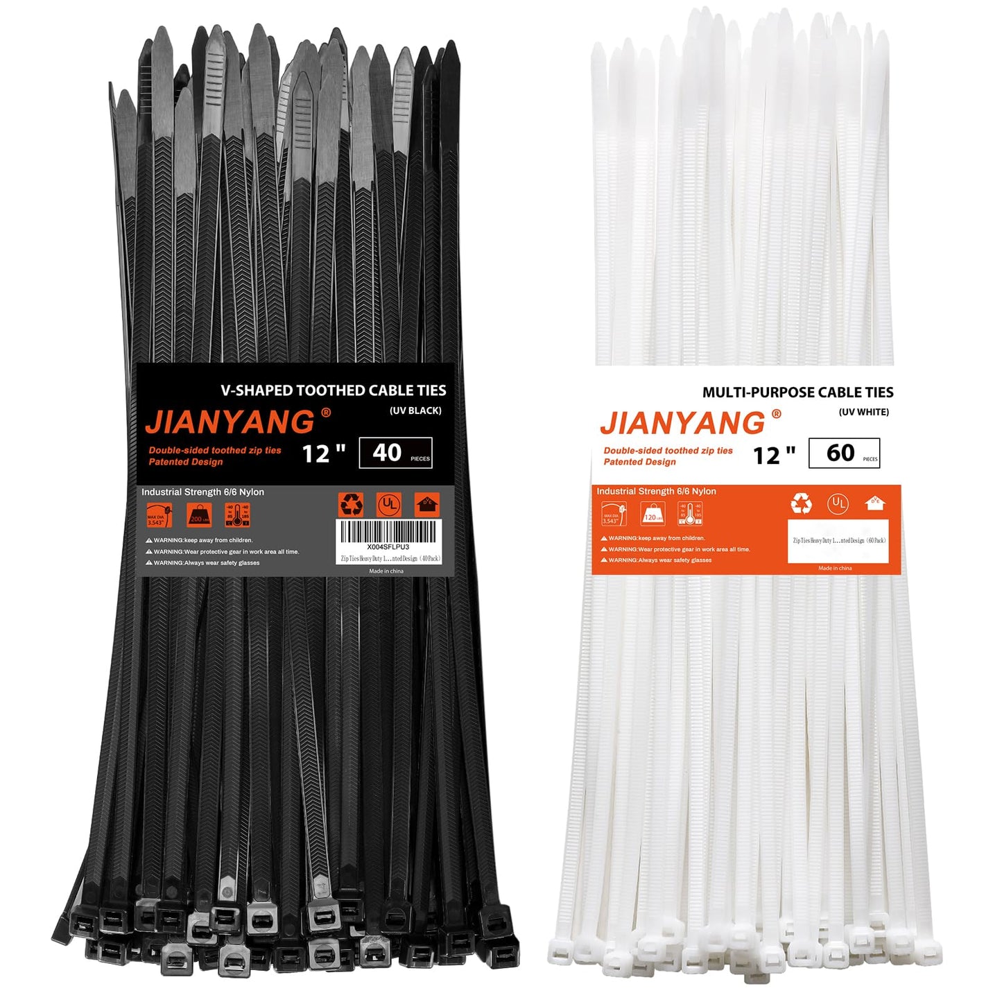 Zip Ties Heavy Duty 12+12 inch,V-Shaped Toothed Double Sided With 200 LBS Tensile Strength Cable Ties ?Extra Large Wire Ties Adjustable Nylon Tie