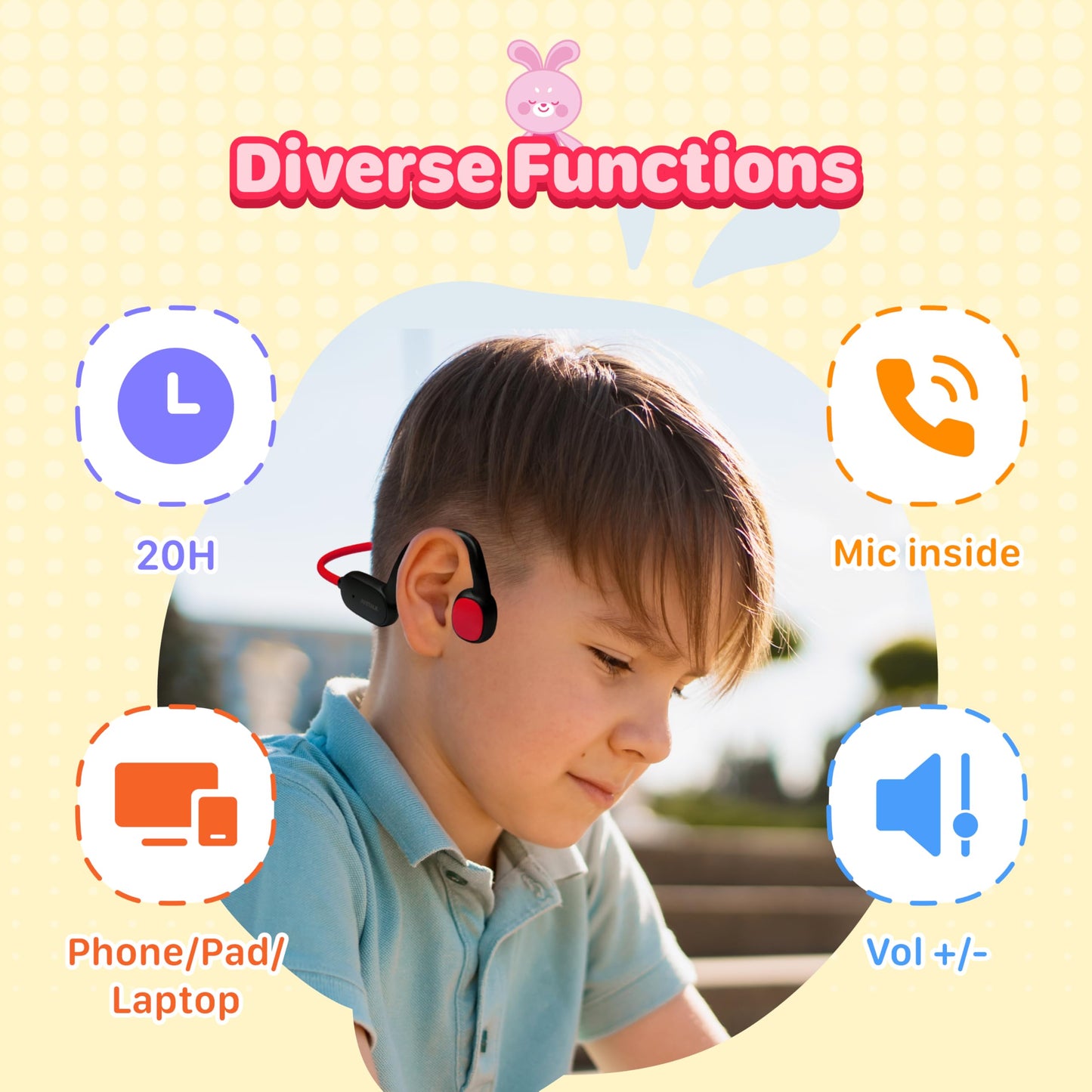 JusTalk Kids Headphones, Air Conduction Wireless Open Ear Headphones for Kids, Bluetooth 5.4, 85dB Hearing Protection, Memory Titanium Neckband,MEMS