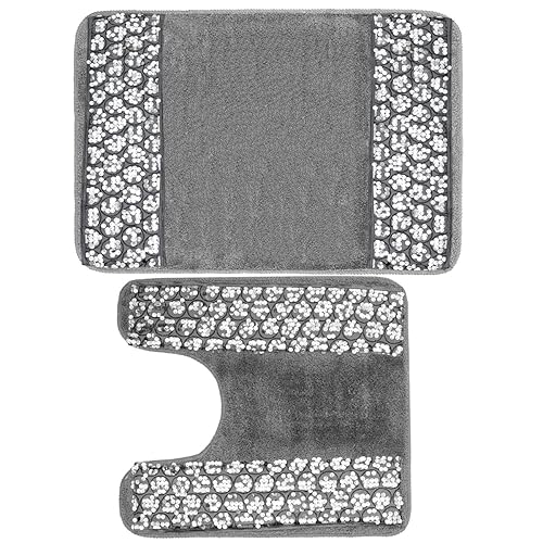 PBP Popular Sinatra Silver Bathroom Banded Bath & Contour Rug Set