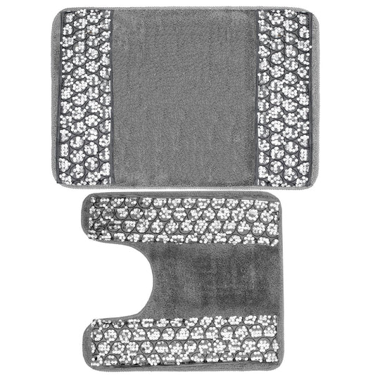 PBP Popular Sinatra Silver Bathroom Banded Bath & Contour Rug Set