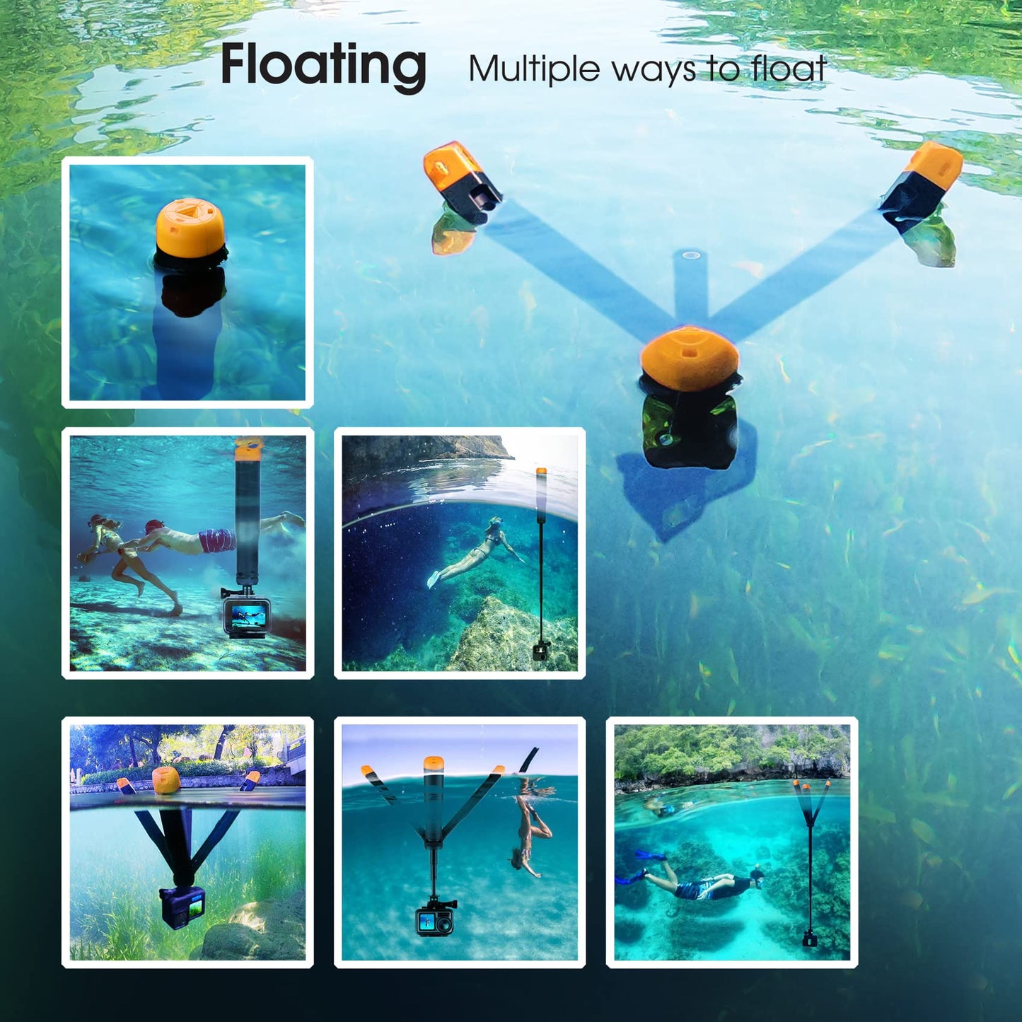 SOONSUN 4in1 Floating Selfie Stick Hand Grip Tripod for GoPro Hero 13 12 11 10 9 8 7 6 5 4 Session Max, AKASO, SJCAM Action Camera, Waterproof