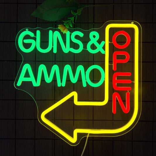 Open Neon Sign - Guns Ammo Store LED Light for Wall Decor Dimmable Gun Signs Lamp for Gun Store, Ammo Shop, Shooting Range Bright Green & Red Lighting