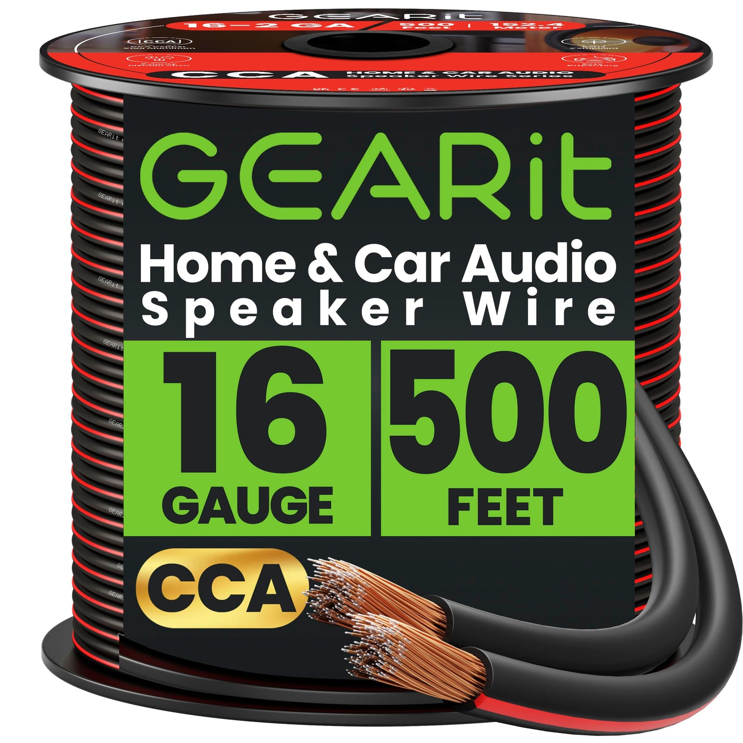GEARit 16 Gauge Speaker Wire 500 ft,16 Gauge Wire with Foot Markers & Polarity Markings,Flexible Speaker Cable for Car Audio & Home Theater