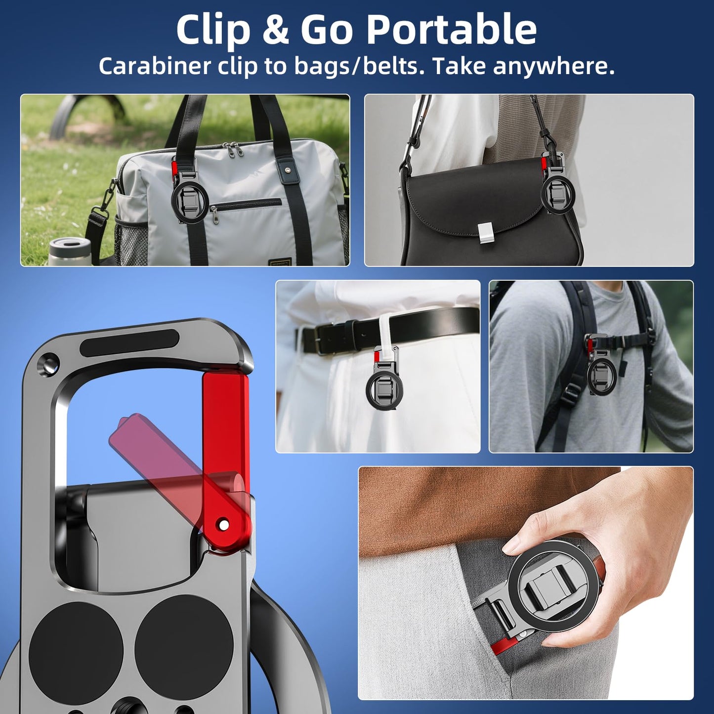 Magnetic Phone Mount for MagSafe, Maglock Tripod Adapter Magnet Golf Gym Workout Stand Metal Carabiner Dual Holder with 1/4 Screw Hole, for iPhone 16