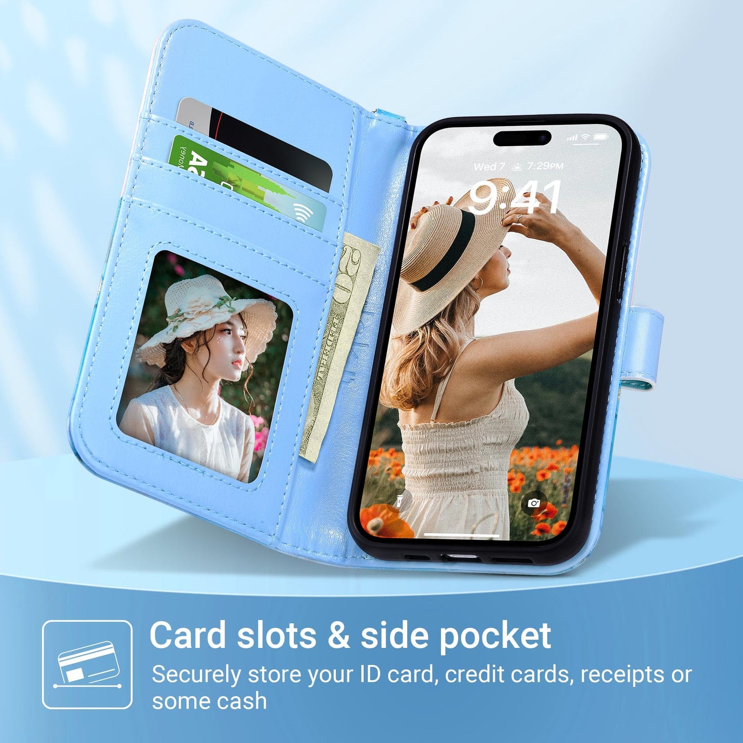 ULAK Compatible with iPhone 15 Pro Wallet Case with Card Holder, Marble