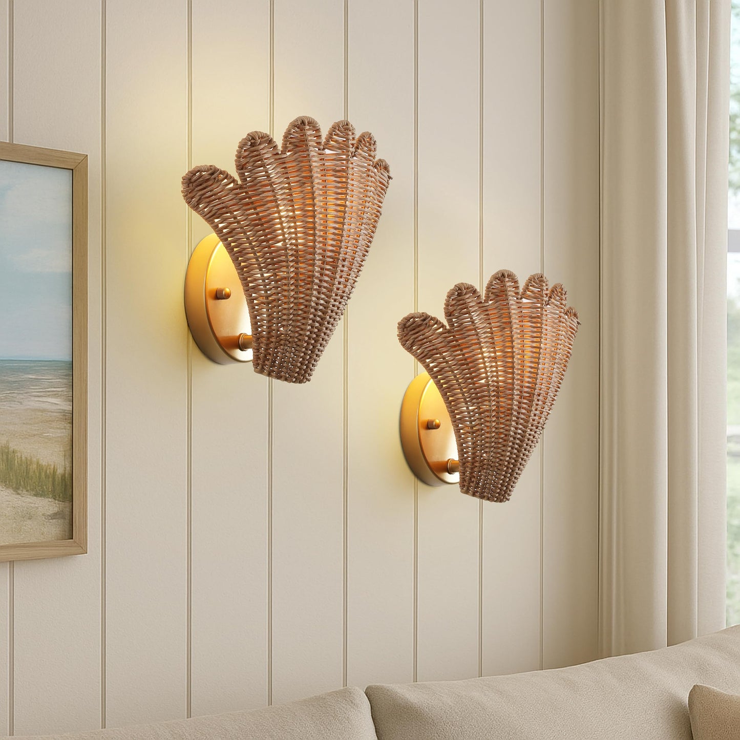 JONATHAN Y 11.5" Gold and Brown 1-Light Rattan Wall Sconce Set of 2, Vintage Coastal Scallop Shell Sconce for Bedroom Hallway, Hardwired, LED Bulbs