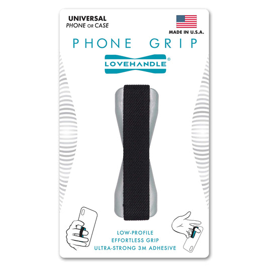 LOVEHANDLE Grip for Most Smartphones, Mini Tablets and Cases, Black Elastic Strap with Silver Base (LH-01Silver)