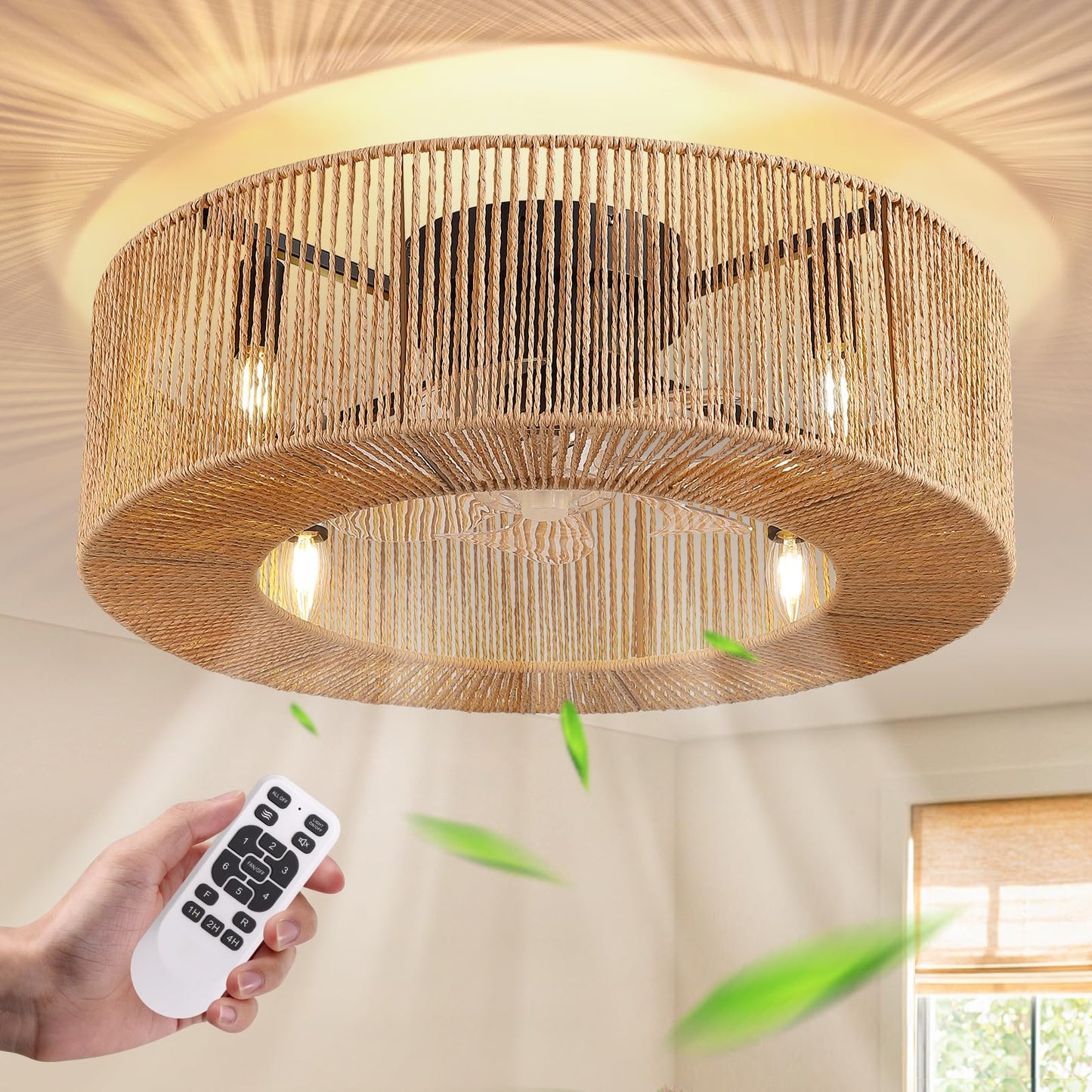 APBEAMLighting 24 Inch Boho Ceiling Fan with Light & Remote, Rattan Caged